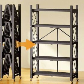 5 Tier Black Heavy Duty Foldable Metal Organizer Shelves With Wheels
