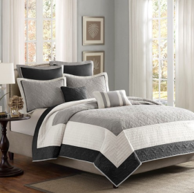 7 Piece Quilt Set With Euro Shams And Throw Pillows Beige FullQueen (Color: Black)