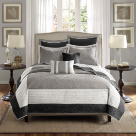 7 Piece Quilt Set With Euro Shams And Throw Pillows Beige King Cal King (Color: Black)